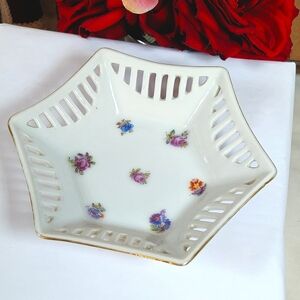 Vintage Mapleware Multi Color Flower Open Lace Edge Trinket Dish Gold Rimmed